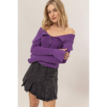 Washed Off-Shoulder Zip-Front Sweater Top