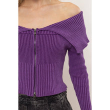 Washed Off-Shoulder Zip-Front Sweater Top