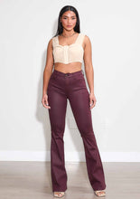 COATED BURGUNDY BOOT CUT PANTS