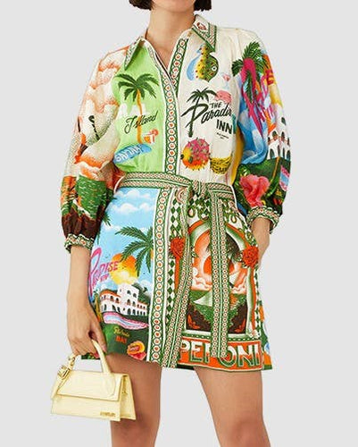 Stylish Print Resort-Inspired Tie-Waist Shirt Dress