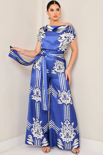 Draped Asymmetrical Shoulder Wide Leg Jumpsuit
