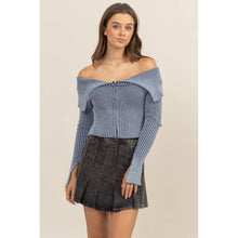 Washed Off-Shoulder Zip-Front Sweater Top