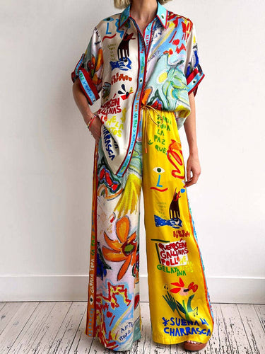Resort Unique Print Shirt Elastic Waist Pocket Pants Set