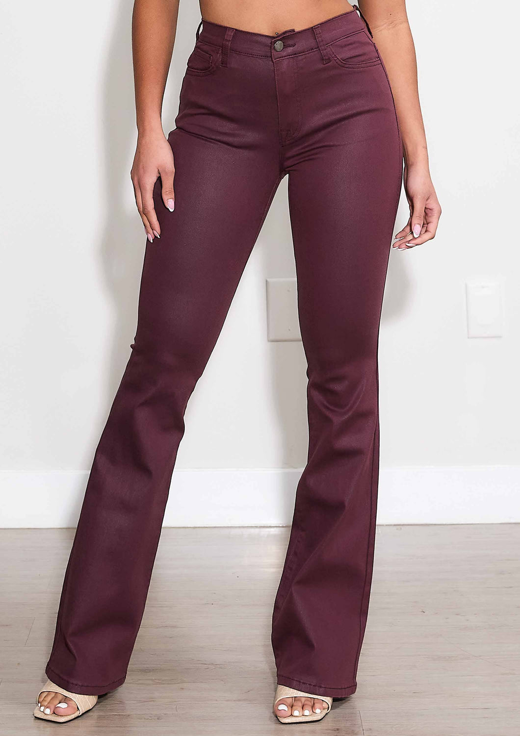 COATED BURGUNDY BOOT CUT PANTS