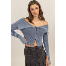Washed Off-Shoulder Zip-Front Sweater Top