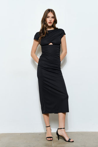 Asymmetrical Cutout Ruched Bodycon Midi Dress