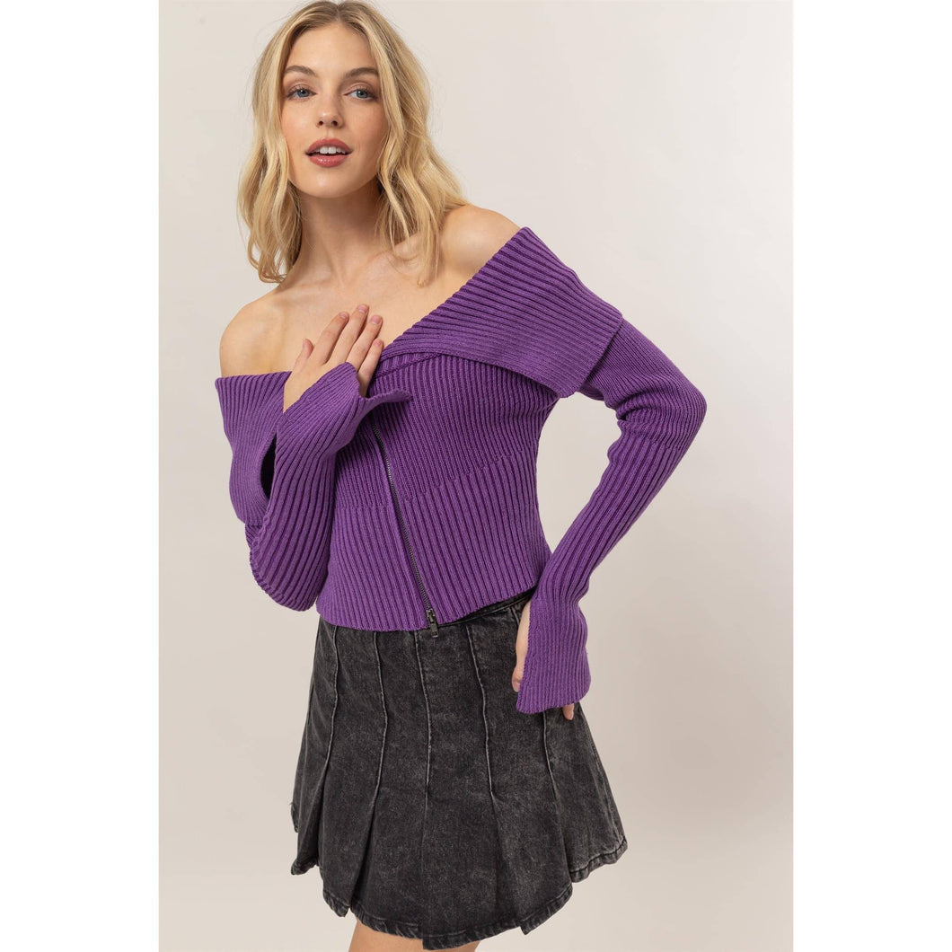 Washed Off-Shoulder Zip-Front Sweater Top