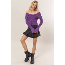 Washed Off-Shoulder Zip-Front Sweater Top