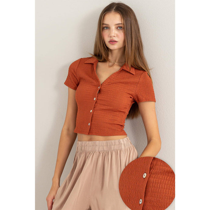 Crinkle Knit Button Front Top