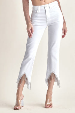 HIGH RISE RHINESTONE FRINGE HEM STRAIGHT White Jeans