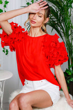 Puff Short-Sleeve Ruffle Detail Round Neck Blouse