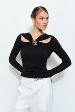 Cutout Twist Front Ruched Top with Gold Detail