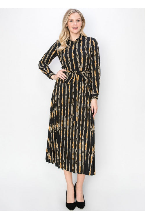 Black and Gold Pleated Dress with Belt