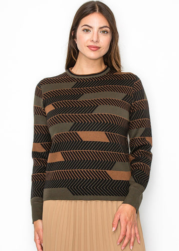 OLIVE CHEVRON STRIPED PULLOVER