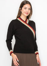 BLACK SWEATER WITH COLORFUL V-NECK DETAIL