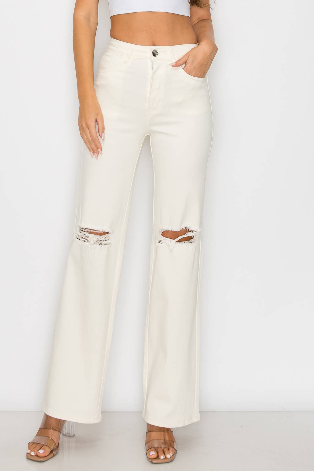 IVORY HIGH WAISTED STRETCHY COLORED WIDE LEGS JEANS