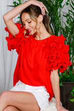 Puff Short-Sleeve Ruffle Detail Round Neck Blouse