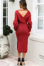 Surplice Neck Bow Waist Slit Sweater Dress