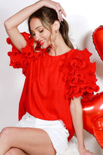 Puff Short-Sleeve Ruffle Detail Round Neck Blouse