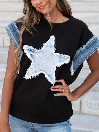 Edgy Denim Star Patch Trim Sleeve Short-Sleeve Top