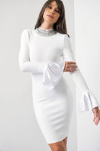 Embellished Mock Neck Dress With Bell Sleeve