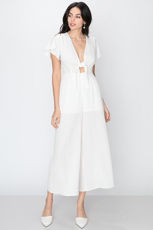TIE FRONT FLUTTER SLEEVE JUMPSUIT-WHITE