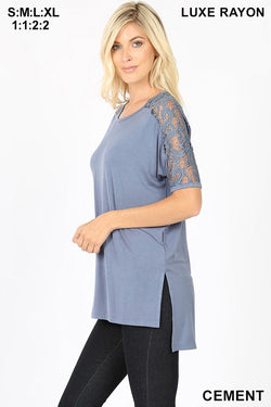 LUXE RAYON LACE SLEEVE SIDE SLIT HIGH-LOW HEM TOP