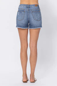 Sage Denim Patch Side Slit Shorts