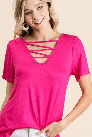 JERSEY KNIT V NECK TOP WITH CAGED NECK DETAIL
