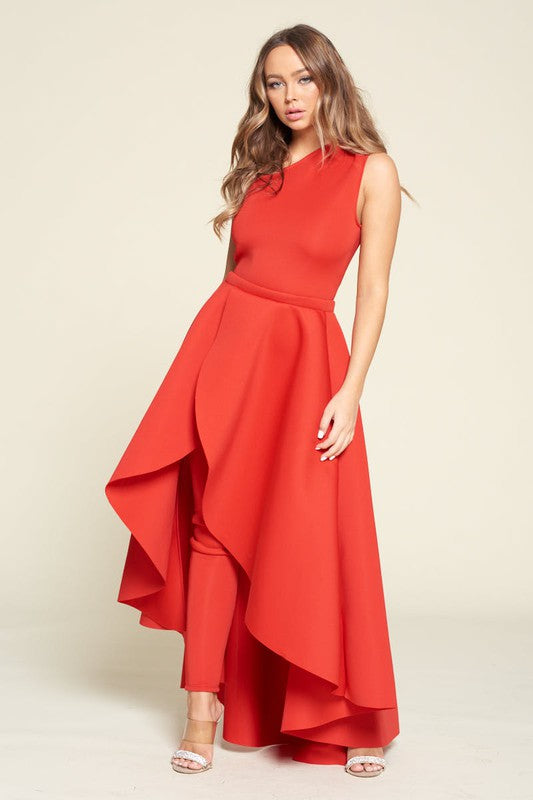 One Shoulder Off Party Jumpsuit With Detachable skirt Red