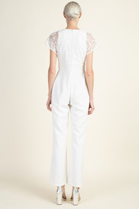 Lace Sleeve V-Neck Jumpsuit White