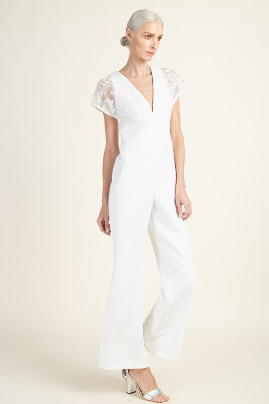 Lace Sleeve V-Neck Jumpsuit White