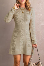 Beige Ribbed Waistband Knit Cable Pattern Sweater Dress