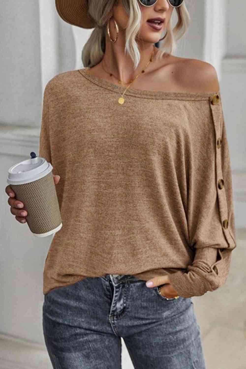 Boat Neck Buttoned Long Sleeve T-Shirt
