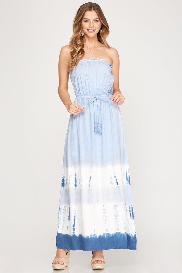 WOVEN TIE DYED STRAPLESS MAXI