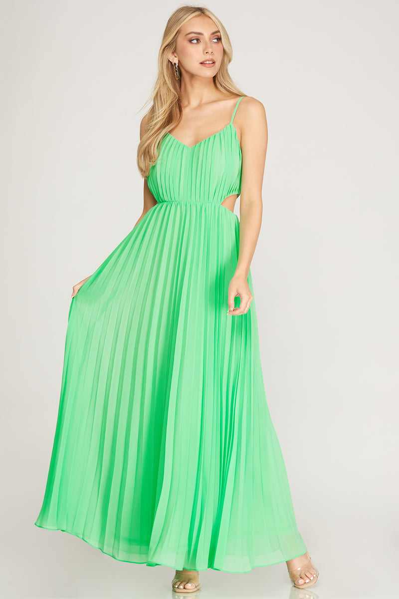 SLEEVELESS WOVEN PLEATED CUT OUT MAXI DRESS