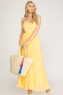 SLEEVELESS WOVEN PLEATED CUT OUT MAXI DRESS